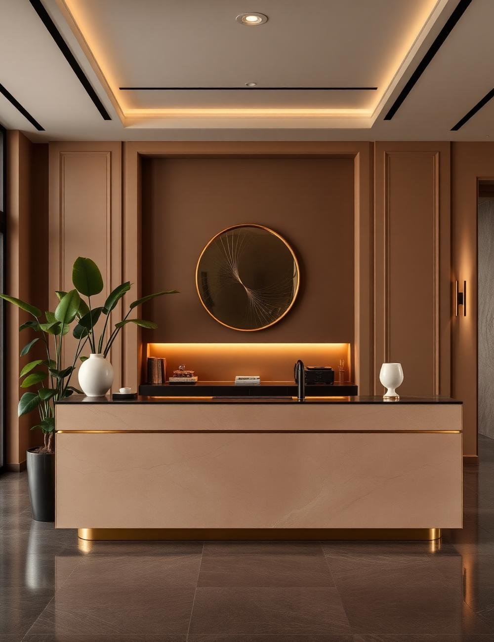 Salon reception with warm brass detailing