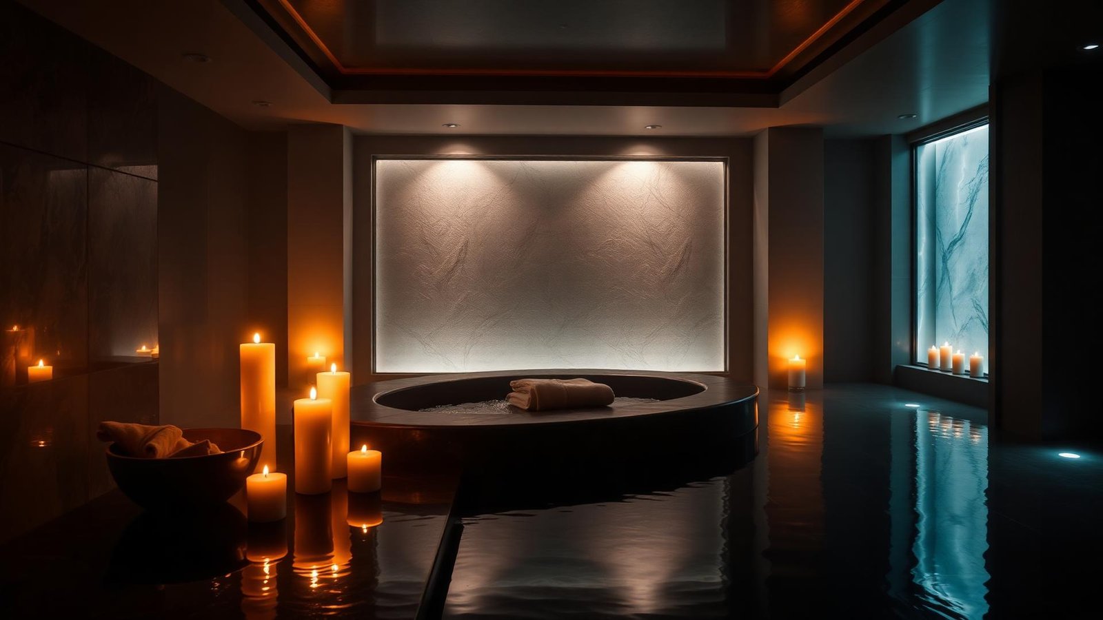 Candlelit spa pool and warm ambience
